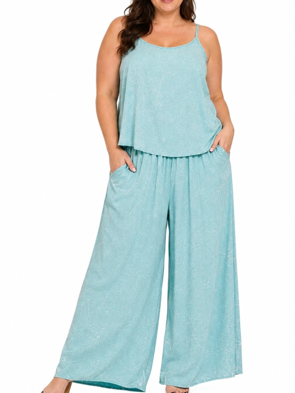 Zenana Woven Acid-Crinkle Cami & Palazzo Pants Two-Piece Set – Dusty Teal